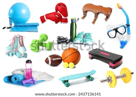 Collage of sports equipment on white background