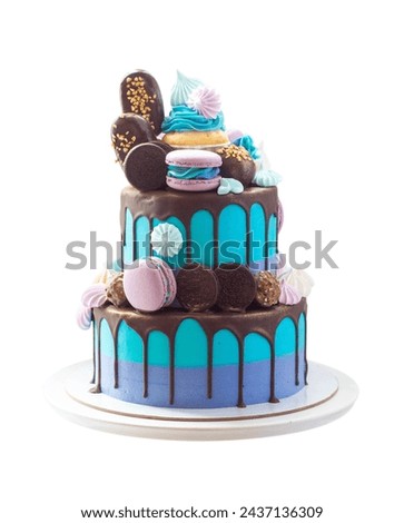Layered blue cake on cake stand isolated on white background. A picture for a menu or a catalog of confectionery products. Close up, png