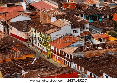 Aerial view of streets of Jerico, Colombia, during sunset Royalty-Free Stock Photo #2437145237