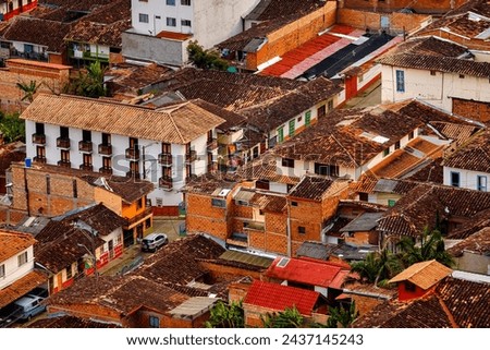 Aerial view of streets of Jerico, Colombia, during sunset Royalty-Free Stock Photo #2437145243