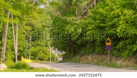 Road among the hills among the spring green trees in spring.Warning road sign - "road with a slope of 12 " standing on a picturesque road leading down, in a village among hills covered with trees .