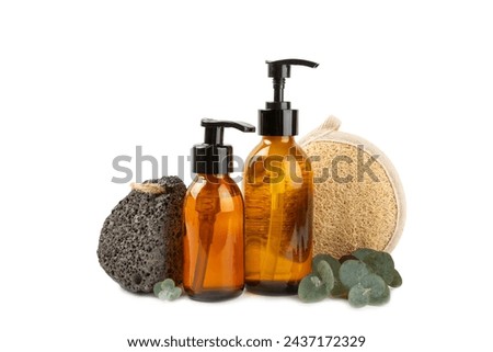 Shower gel and loofah loofah isolated on white background. Skin care and cleansing.