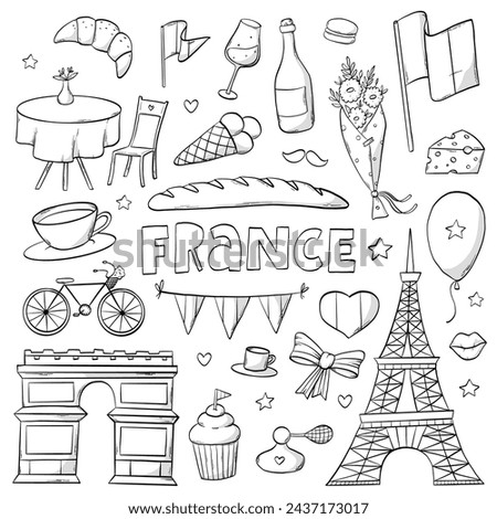 France doodles collection, monochrome clip art, cartoon elements for coloring books, cards, posters, prints, etc. EPS 10