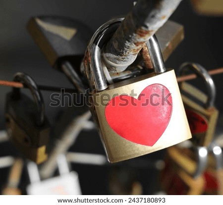 locks with red heart sign sticker hanging on bridge fence. forever Love.  Lock sign with heart shape. simple lock. Shape of a heart. Red icon at golden sticker on river background.