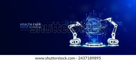 Robot arms operating healing eyeball on the podium. Robotic surgery. Machine surgeon in health care and diagnose disease. Modern medical technologies innovation concept. Banner vector EPS10. Royalty-Free Stock Photo #2437189895