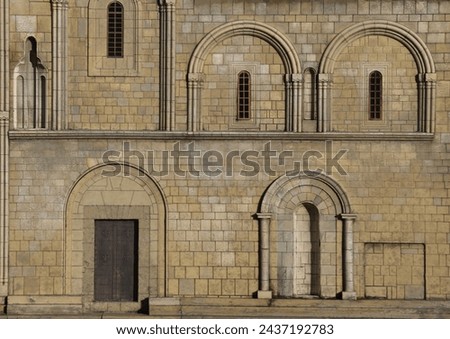 Background for design, texture walls and windows of houses, building facades. Georgia orthodox church, public places. arched Classic windows in granite exterior wall. small arched windows protected. 