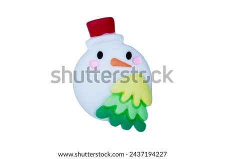 Funny plasticine cartoon snowman with new year tree Christmas ornament isolated on white background Decoration element Holiday concept