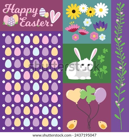 Easter holiday vector clipart, flowers and bunny