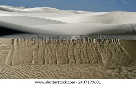 Wind Blown gypsum  dunes covering several hundred acres of the New Mexico landscape. Royalty-Free Stock Photo #2437199601