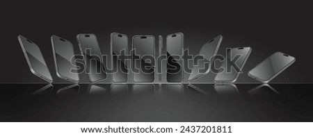 Black Smartphone mockup in different angles collection. 3D perspective view mobile phone and cellphone mockup. Front, perspective side view template. Vector.