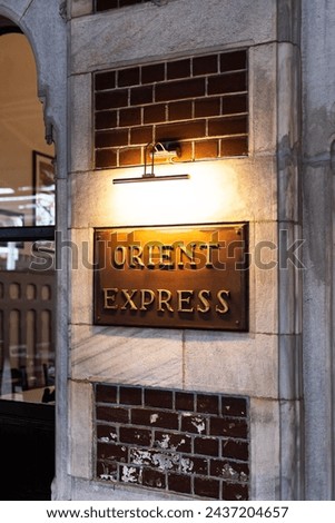 The Orient Express sign at Sirkeci Station, close-up. facade, architecture, sprinkled, vertical, monument history, landmark, tourist place, list of places
