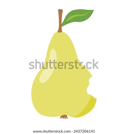 Fresh pear with leaf, nibbled from one side by caterpillar or insect, vector