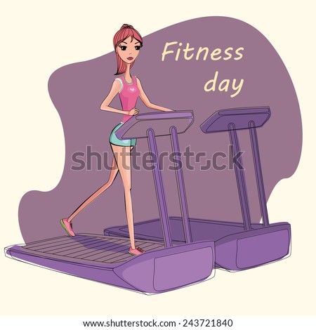 Illustration of  the girl running on a treadmill