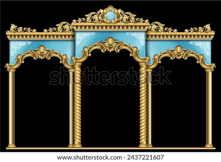 Triumphal Arch. Golden luxury classic arch with columns. The portal in Baroque style. The entrance to the fairy Palace Royalty-Free Stock Photo #2437221607