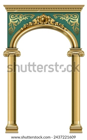 Triumphal Arch. Golden luxury classic arch with columns. The portal in Baroque style. The entrance to the fairy Palace Royalty-Free Stock Photo #2437221609