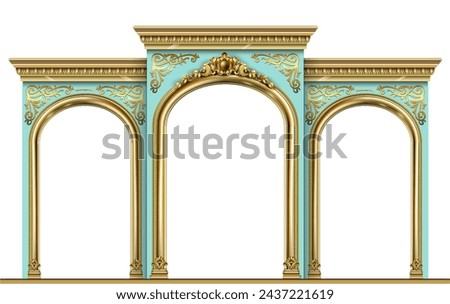 Triumphal Arch. Golden luxury classic arch with columns. The portal in Baroque style. The entrance to the fairy Palace Royalty-Free Stock Photo #2437221619