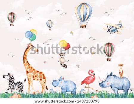 children's picture of animals, birds on balloons against a background of nature for digital printing wallpaper, custom design wallpaper