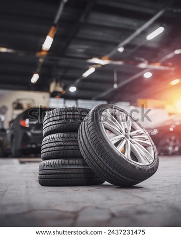 tire at repairing service garage background. Technician man replacing winter and summer tyre for safety road trip. Transportation and automotive maintenance concept Royalty-Free Stock Photo #2437231475