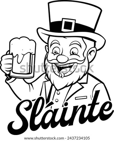 Sláinte - Leprechaun - black outline
Sláinte is an Irish toast meaning "cheers" or good health. A leprechaun is happily celebrating with a pint of beer.