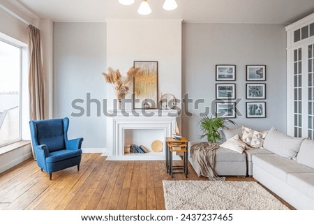 spacious modern very bright living room in pastel colors, gray sofa, classic fireplace and wooden floor Royalty-Free Stock Photo #2437237465