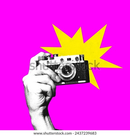 Poster. Contemporary art collage. Hand holds retro photo camera in monochrome filter against pink background. Concept of art, vintage things, mix old and modernity. Copy space for ad