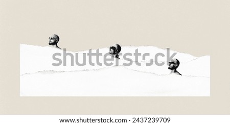 Poster. Contemporary art collage. Men, swimmers in caps in monochrome filter swimming between white pieces of paper symbolizing water. Concept of sport, competition, victory, championship, strength. Royalty-Free Stock Photo #2437239709
