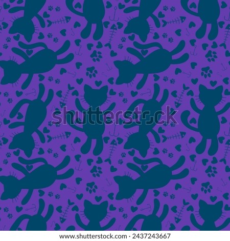 Cartoon animals accessories seamless cats and ball of threads and fish bones pattern for wrapping paper and fabrics and kids clothes print and zoo packaging and pet store 
