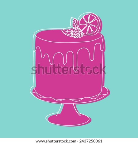 A pink handpainted cake with a slice of lemon resting on top of it. The cake is decorated with intricate doodle designs, and the vibrant yellow lemon slice adds a pop of color to the dessert Royalty-Free Stock Photo #2437250061