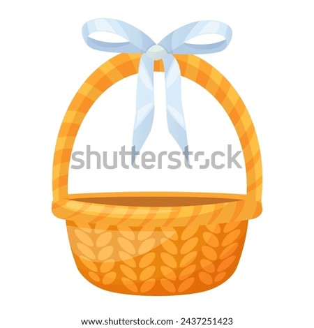 Empty wicker beautiful basket with a blue bow. Vector illustration of a traditional basket on a white background. Picnic basket, Easter egg basket, farm produce, clipart.