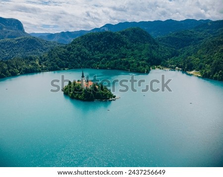 Aerial View of Alpine Lake Bled, Blejsko Jezero with the Church of the Assumption of Maria on an Island, Slovenia