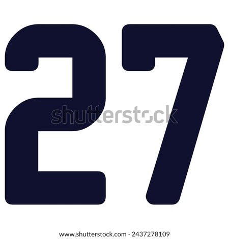 27 Classic Vintage Sport Jersey Uniform numbers in black with a black outside contour line number on white background for American football, Baseball and Basketball or soccer for shirt
