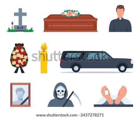 Funeral icons. Funeral accessories. Funeral wreath, coffin, tombstone, urn with ashes, death, priest, corpse, hearse, flowers, will. Ritual services, funeral agency concept. Vector illustration