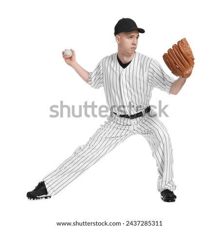 Baseball player with glove and ball on white background