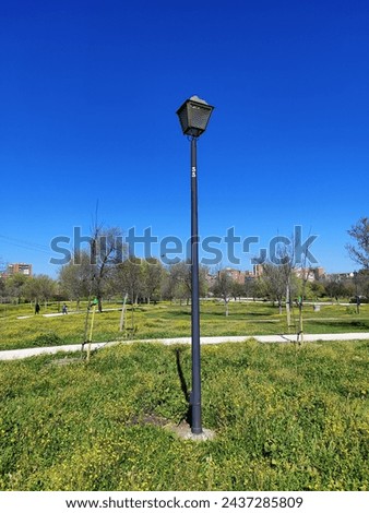 black street lamp in a park en un día soleada de cielo azul that reads the number 33 Royalty-Free Stock Photo #2437285809