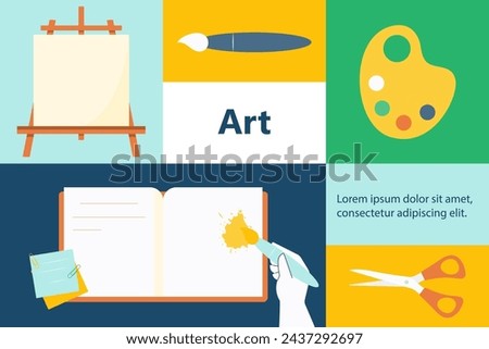 Art education vector banner template. Vector illustration for poster, invitation, flyer, banner, brochure, advertising. Promo poster for painting school.STEM and STEAM education.