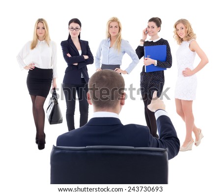 back view of sitting business man choosing new secretary or assistant isolated on white background