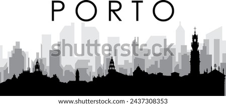 Black cityscape skyline panorama with gray misty city buildings background of PORTO, PORTUGAL