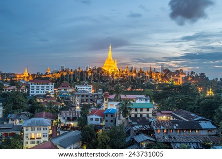 Beautiful view of Shwedagon pagoda the most tourist attraction in Yangon township of Myanmar at night.