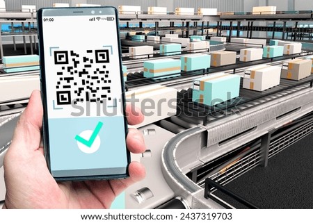 Phone near conveyor belt. Fulfillment technology concept. Conveyor with boxes. Qr code in smartphone. Parcel tracking application. Automation of fulfillment process. Robotic warehouse. Royalty-Free Stock Photo #2437319703