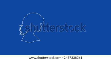 A large white outline woman face profile symbol on the left. Designed as thin white lines. Vector illustration on blue background