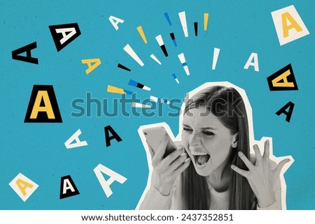 Collage poster of aggressive mad unsatisfied girls speaking phone loud shouting screaming aaa isolated on painted background