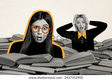 Concept education collage photo of two young women confused pile books library hard preparing for exams isolated on grey background