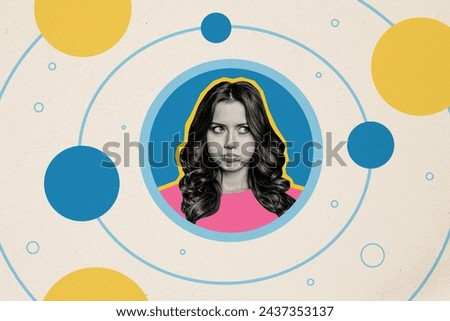Collage picture artwork of sad upset funny capricious pretty girl blowing cheeks isolated on drawing background