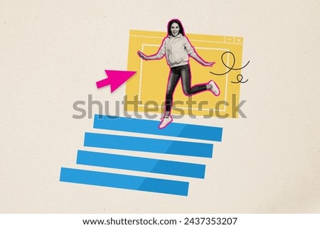 Collage image picture of cheerful happy funny girl going career ladder step stairs isolated on drawing background
