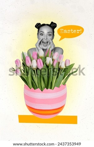 Creative vertical collage picture happy excited cute pretty girl say easter textbox houseplant pot tulips bunch beautiful blossom