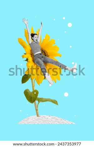 Collage image picture of crazy positive glad girl sitting huge yellow flower isolated on teal color background