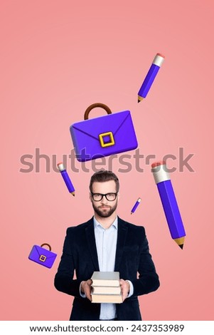 Vertical photo collage of young serious guy hold book stack student academic education briefcase pencil work isolated on painted background