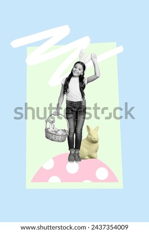 Vertical photo collage of cute little girl hold basket bunny figure easter egg hunt game atmosphere tradition isolated on painted background
