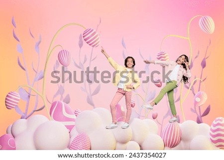 Photo collage picture young woman teen boy walking spring holiday easter concept celebration pink colored eggs decoration peace gesture