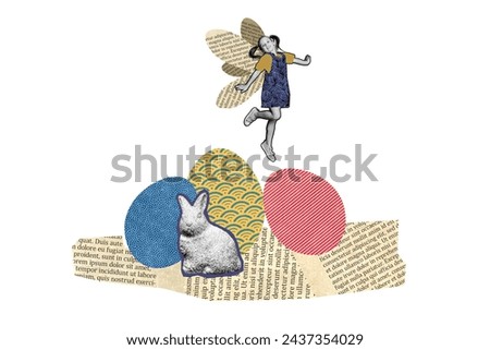 Creative picture collage young happy joyful girl dance wild animal rabbit easter concept painted decorated eggs book page cutout